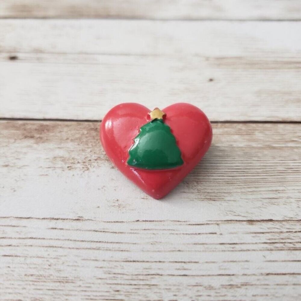 Vintage Brooch / Pin - Red Heart With Christmas Tree